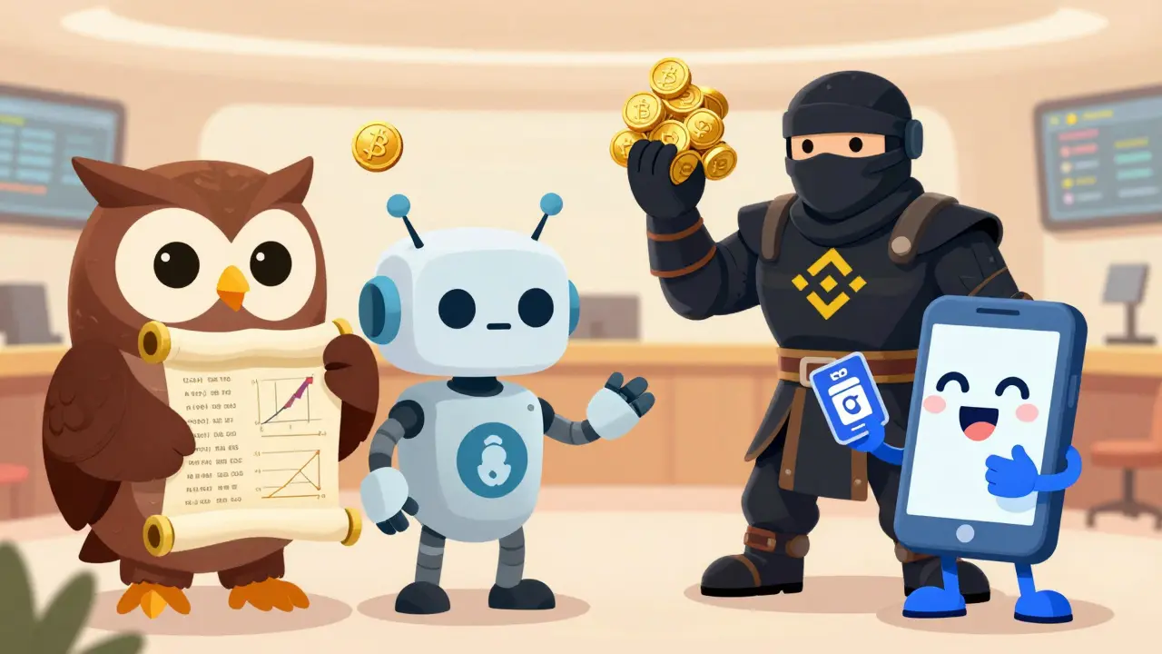 Cartoon mascots representing different crypto exchange platforms compared