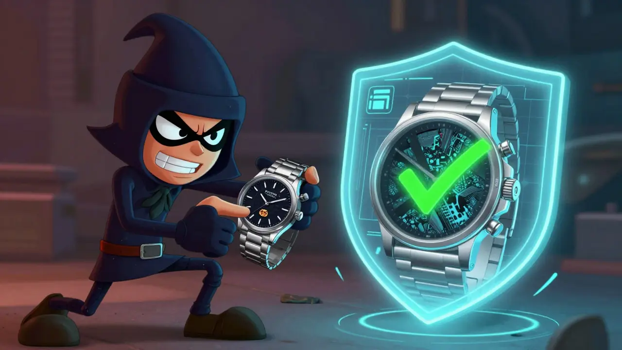 Cartoon thief swapping chips on a watch while digital scans protect the genuine item.