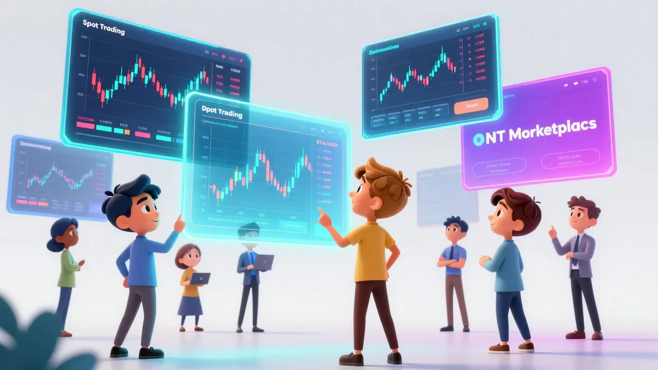 Cartoon traders interacting with holographic screens on a vibrant digital exchange platform