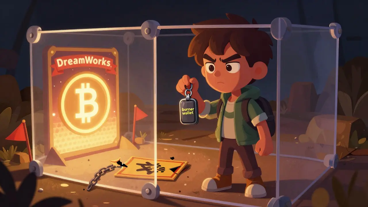 Character protecting wallet behind firewall, skeptical of distant flashy crypto portal