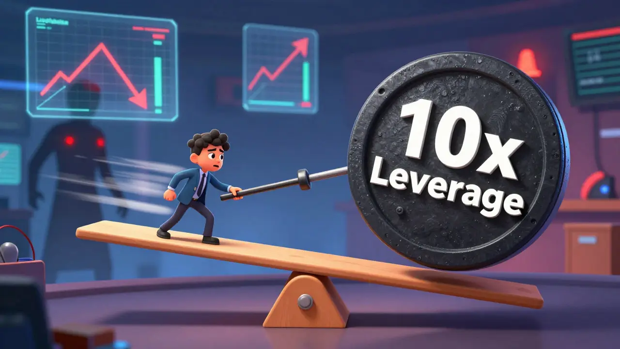 Character using leverage on a seesaw with liquidation threat looming