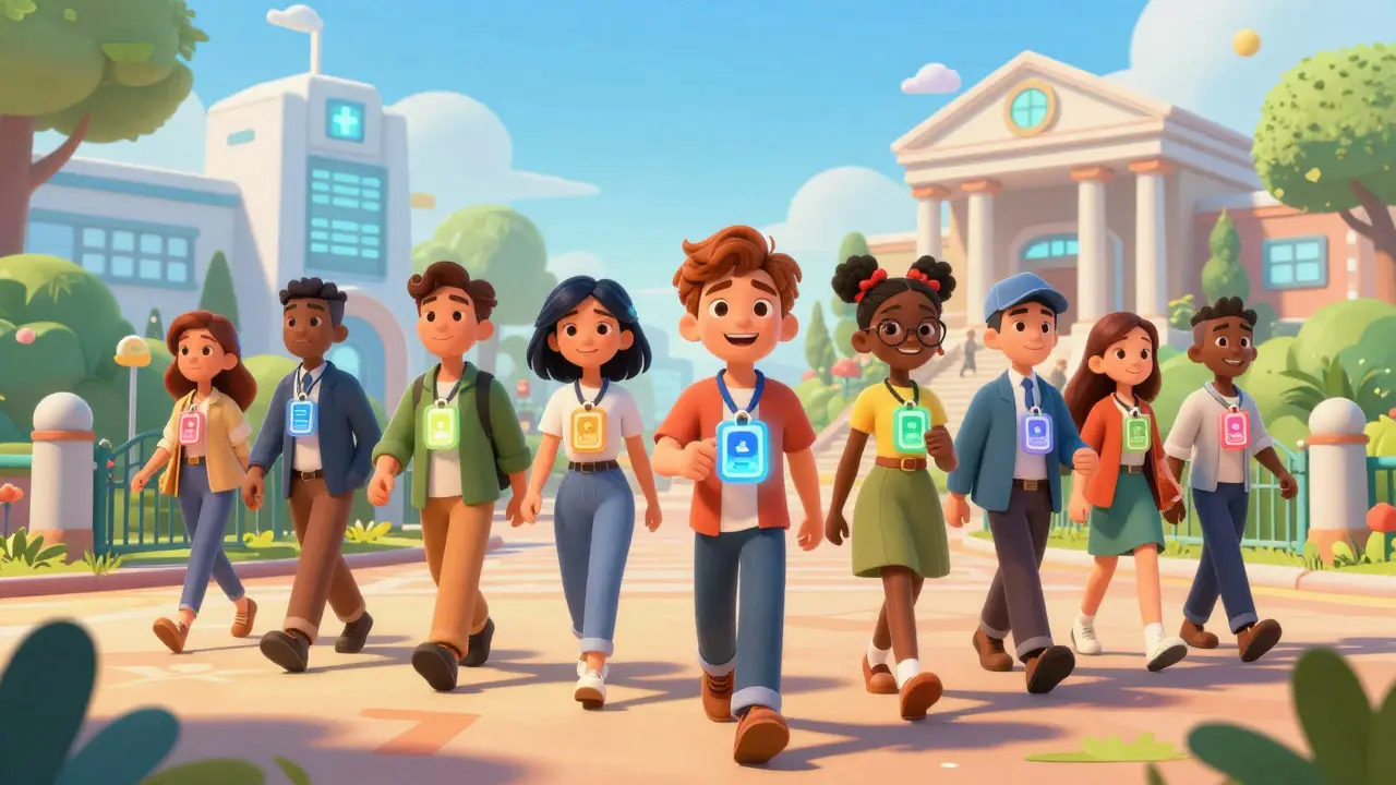 Characters freely moving through digital spaces with identity badges