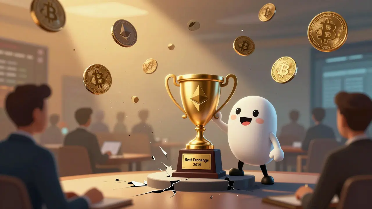 Cracked trophy amidst fading crypto coins showing market decline