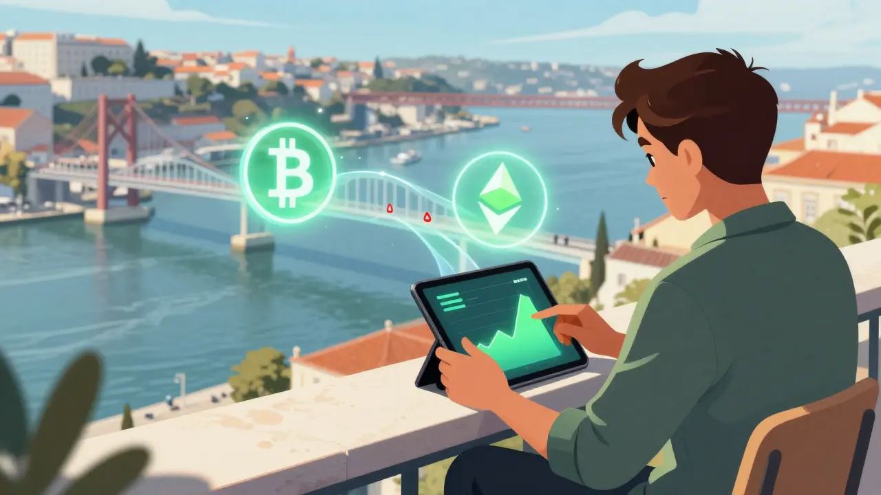 Digital nomad on Lisbon balcony visualizing crypto swap benefits