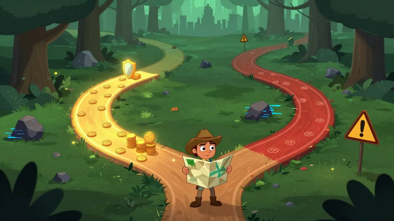 Explorer character choosing paths in a digital forest representing crypto risks