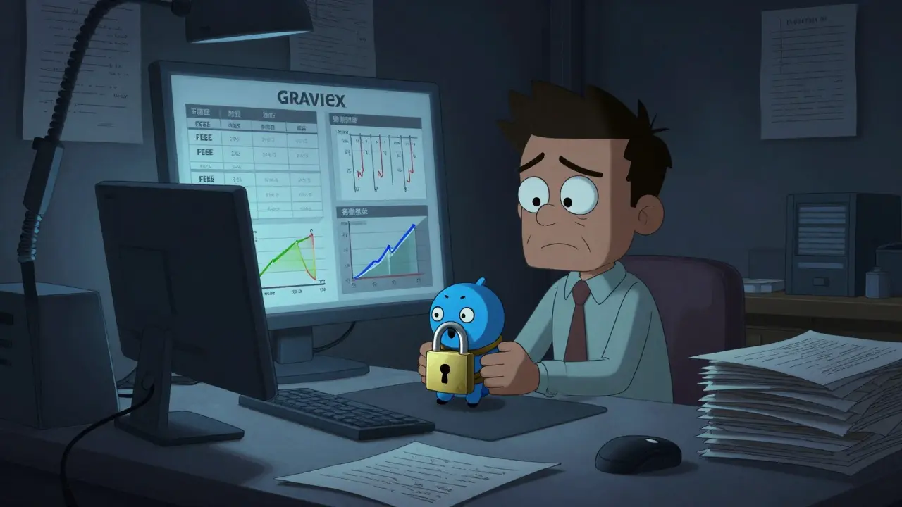 Frustrated trader in a dark office trapped by high fees and a locking token character.
