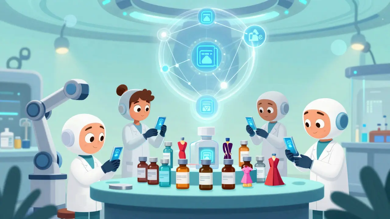 Futuristic lab where robots and staff verify products using glowing NFC chips and blockchain networks.