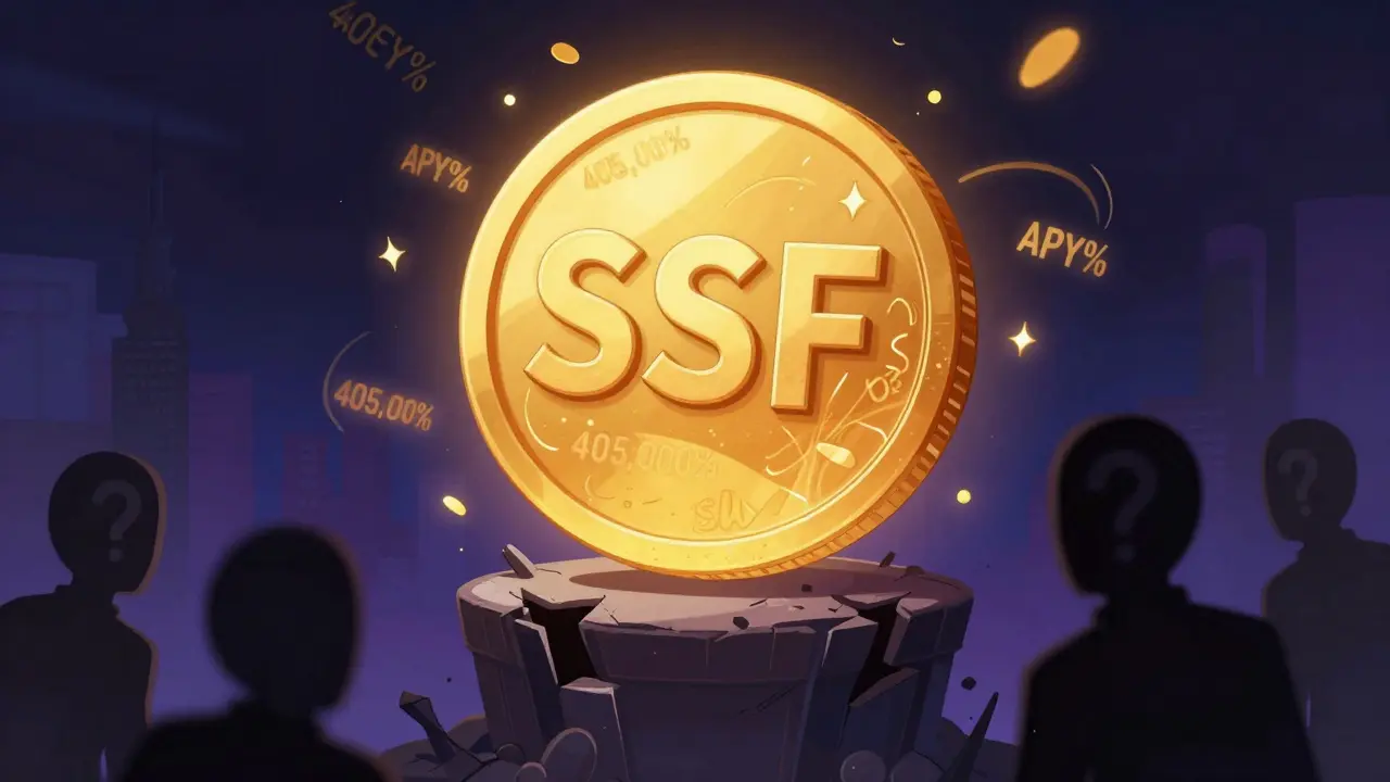 Glowing SSF token on unstable pedestal with shadowy figure watching from below