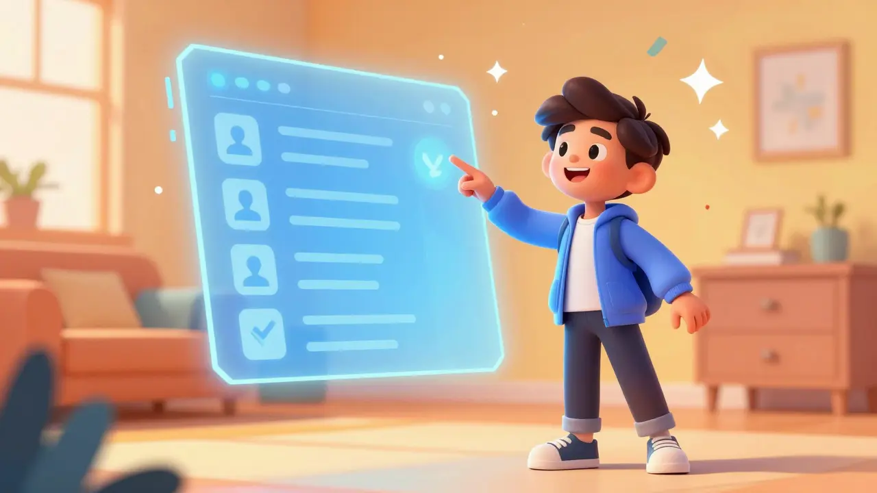 Happy cartoon character using a magical floating checklist interface