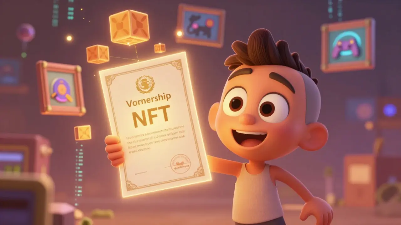 Happy character holding glowing NFT certificate in DreamWorks style