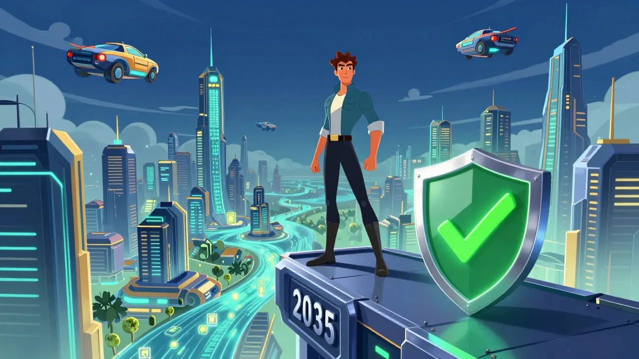 Heroic figure on a platform overlooking a futuristic blockchain city