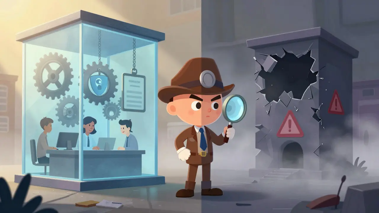 Illustration comparing a transparent safe exchange to a foggy risky one