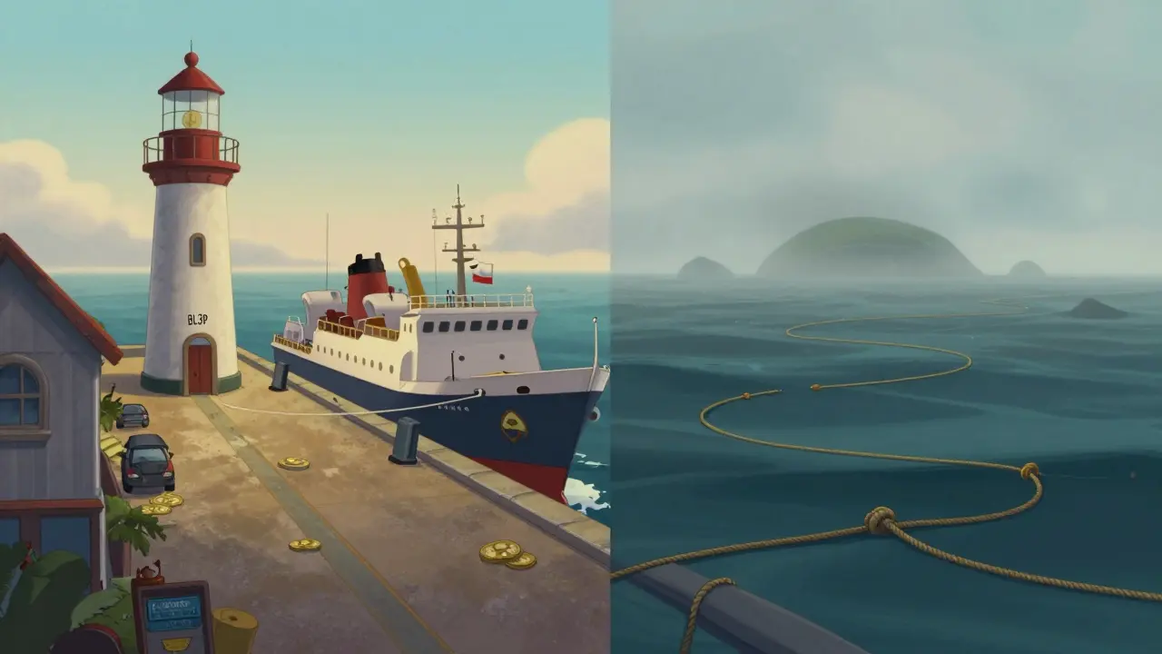 Illustration comparing safe local harbor to chaotic global ocean