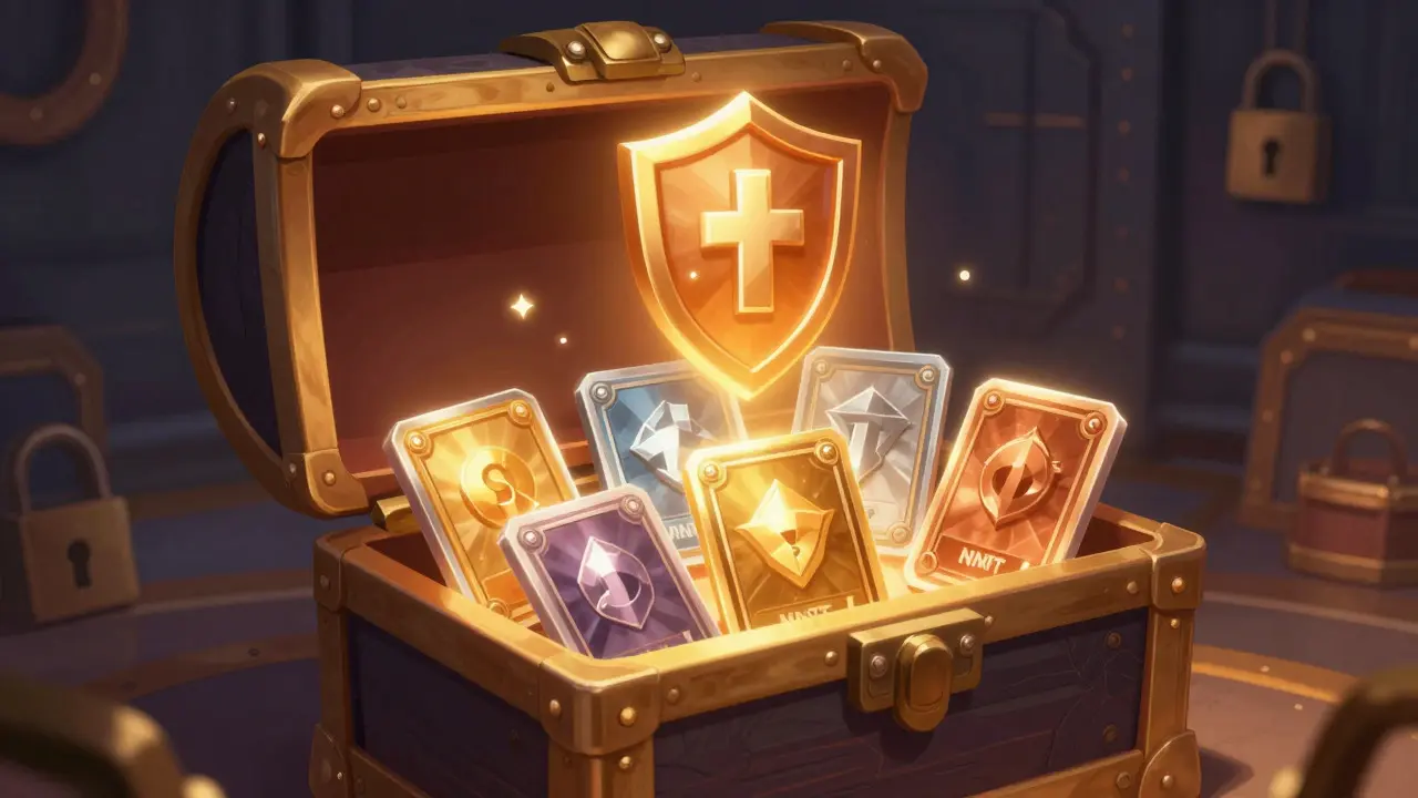 Open digital treasure chest revealing rare, sparkling NFT cards with security shield