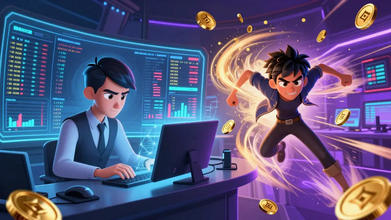 Professional traders analyzing holographic charts in a high-tech arena.