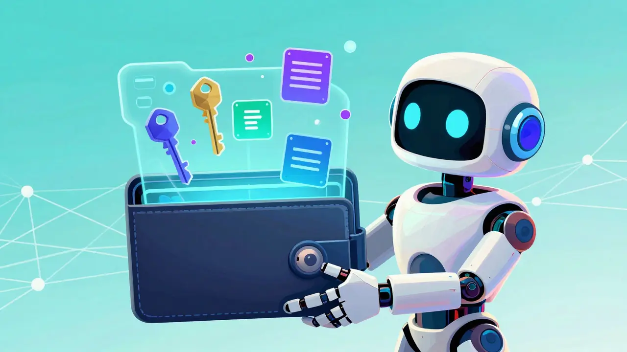 Robot assistant showing secure digital wallet with crypto keys