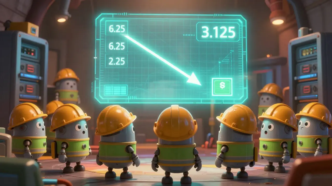 Robot miners reacting to halved rewards in animated style
