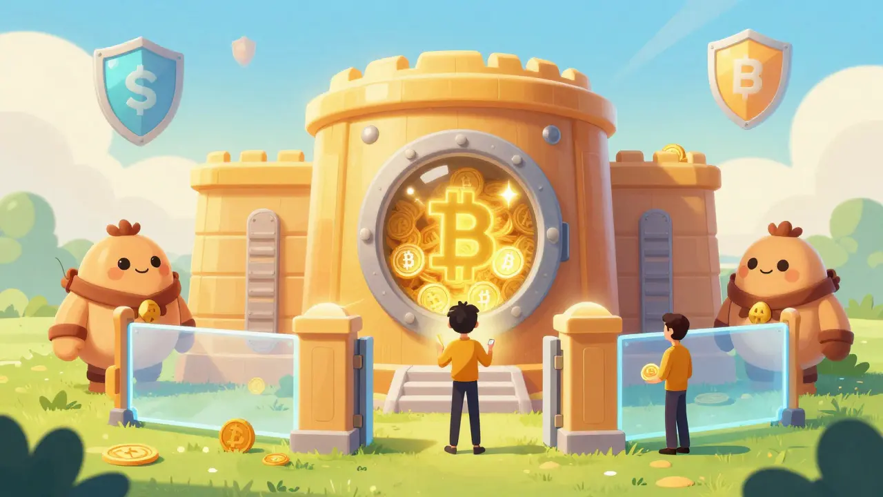 Secure digital fortress with friendly guardians protecting cryptocurrencies in a bright setting.
