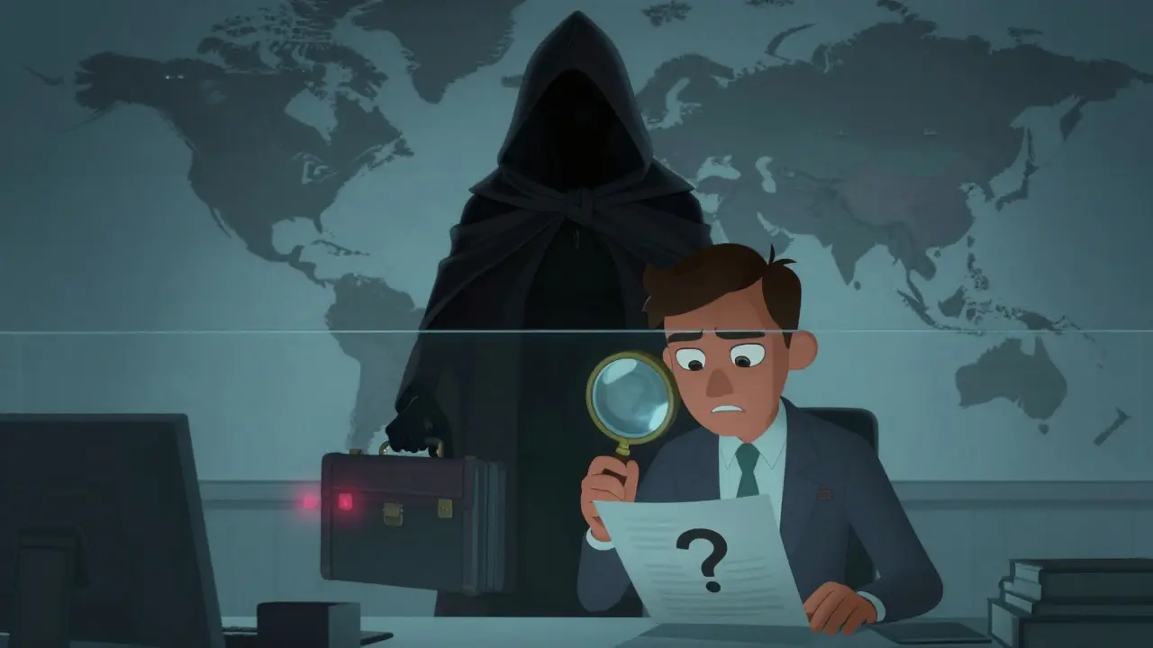 Shadowy figure behind glass with warning lights symbolizing regulatory risks and anonymity