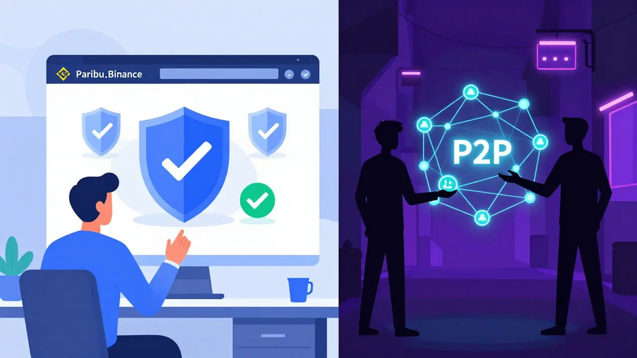 Split view of licensed crypto exchange vs peer-to-peer trading networks