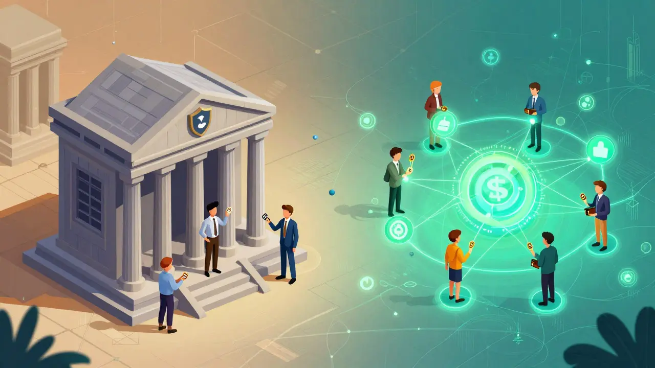 Split view showing secure banks versus open decentralized networks.