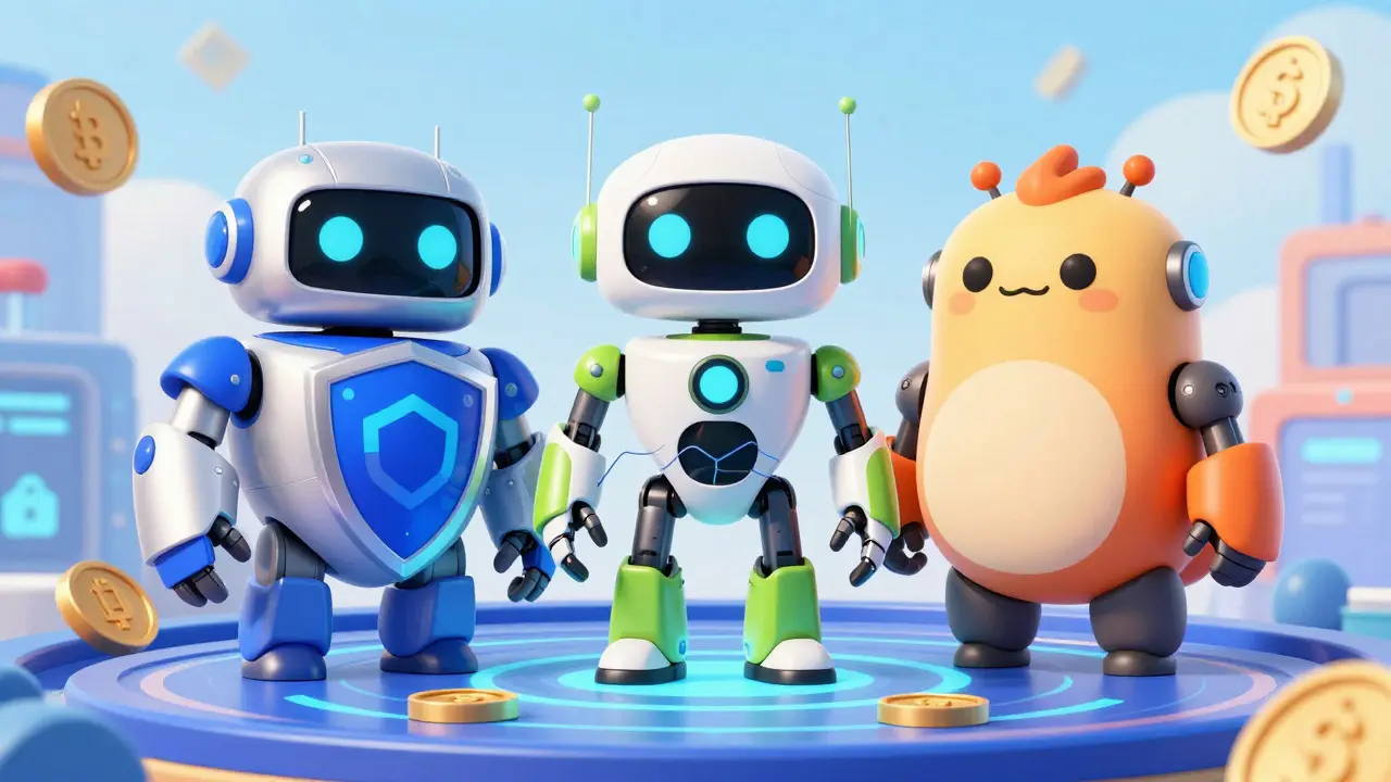 Three robot mascots for EtherFi, Renzo, and Puffer in DreamWorks animation style