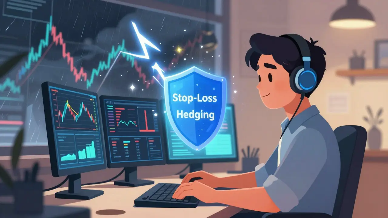 Trader using stop-loss shields against volatile market storm outside