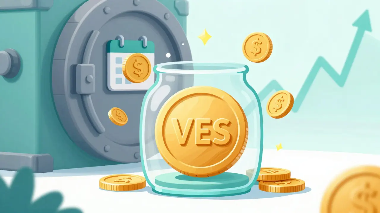 Whimsical illustration of VES tokens flowing into a jar with a vault background.