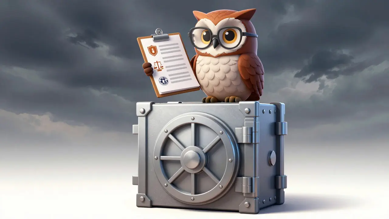Wise owl on secure vault illustrating safe trading practices
