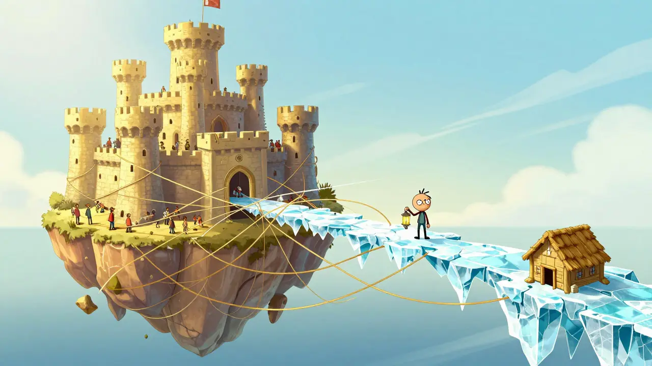 A cartoon character standing on a fragile ice bridge between two islands