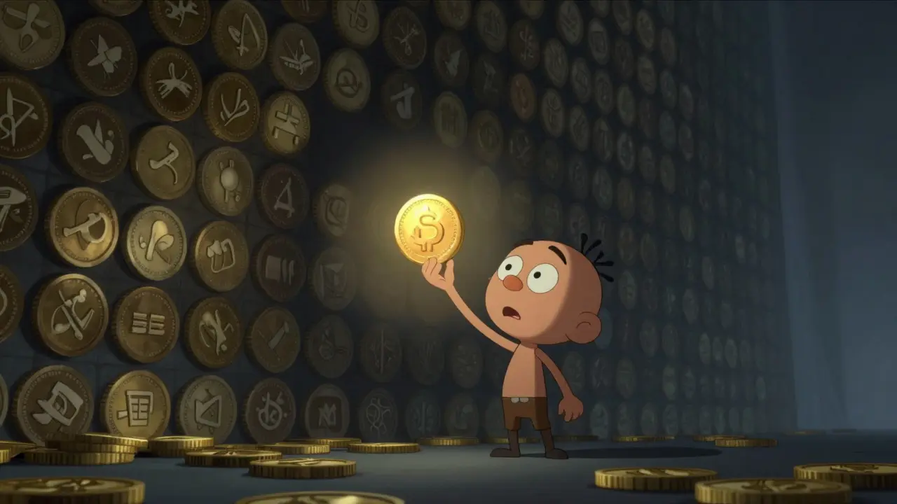 A character holding a single glowing token before a wall of fading coins