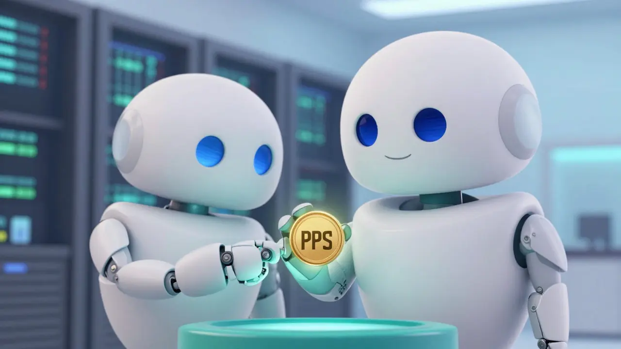 A cute robot miner handing a digital share token to a pool operator's hand.