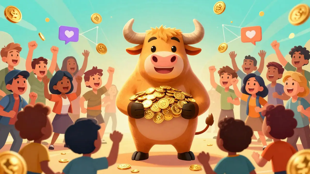 A friendly bull mascot distributing a pile of golden tokens to a cheering crowd of diverse characters in a cartoon style