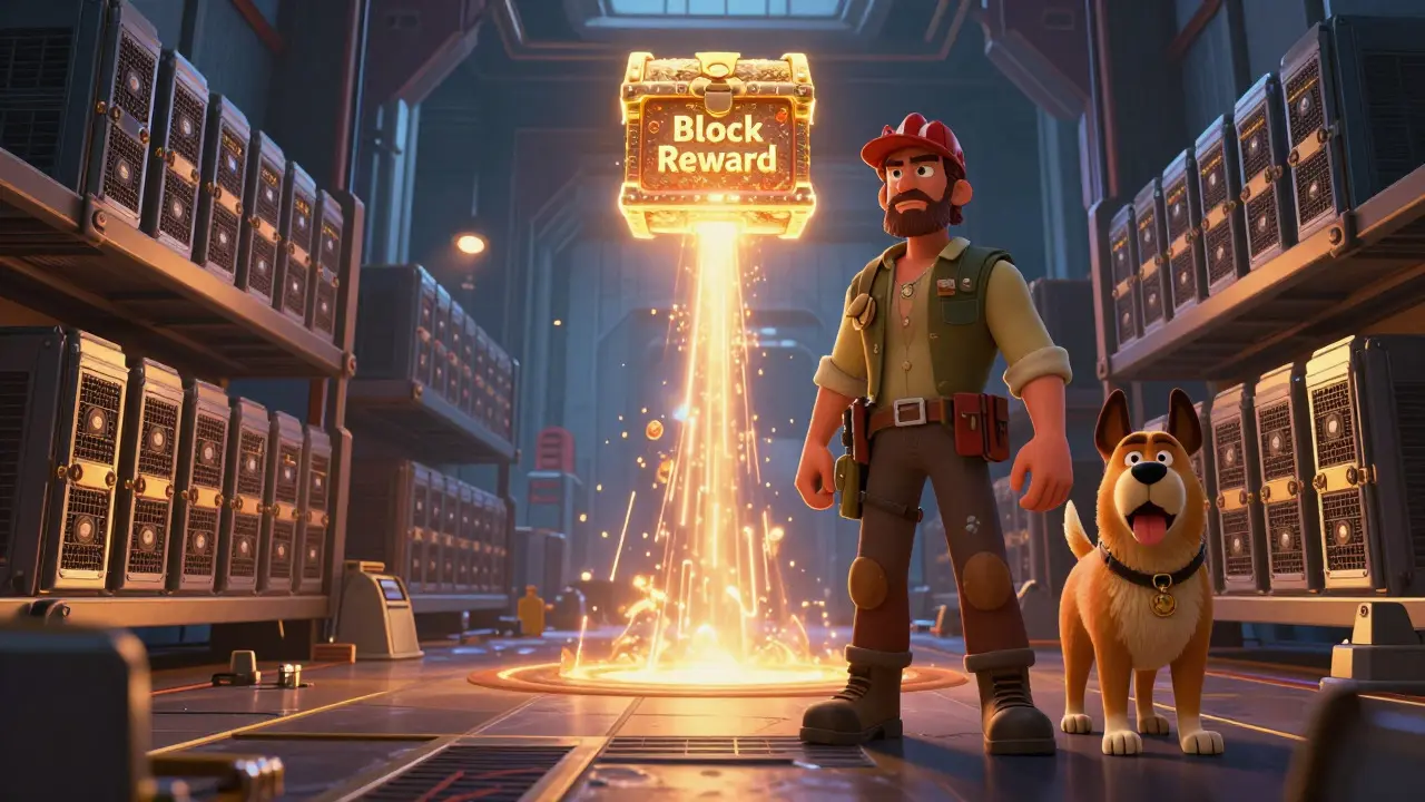 A loyal miner character with a glowing trail leading to a reward in a warehouse.