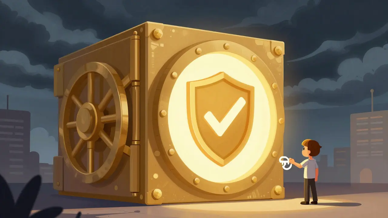 A secure digital vault standing firm against a stormy background, symbolizing asset safety