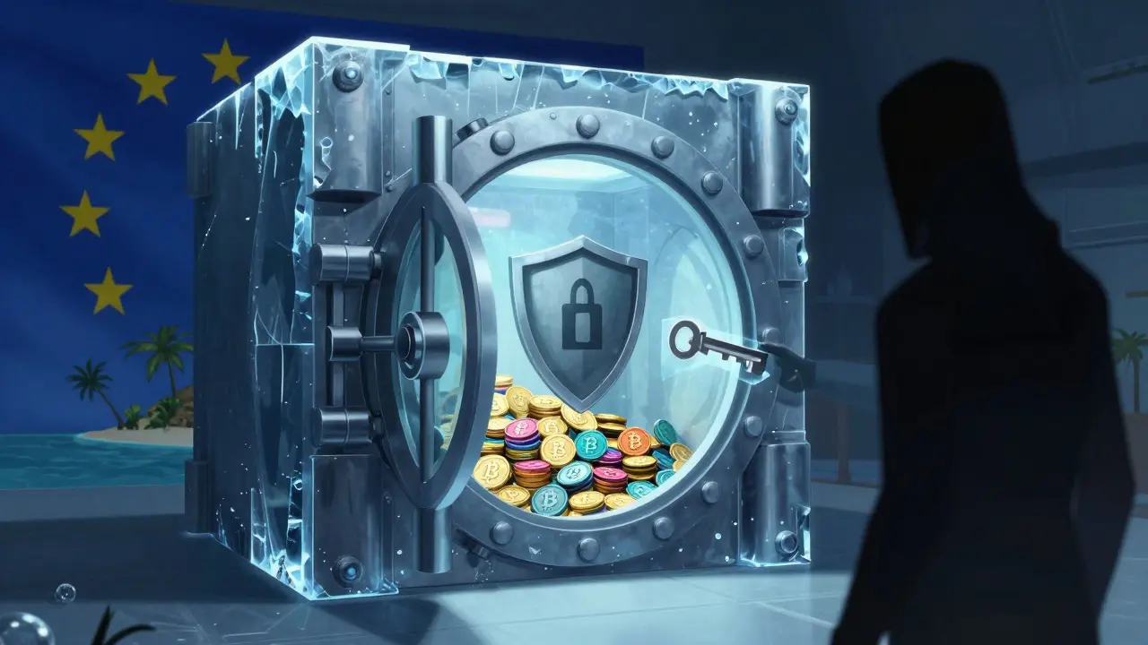 A secure vault storing crypto tokens with symbolic regulatory elements in background.