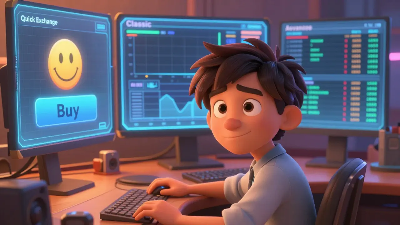 A trader viewing three different trading interfaces on holographic screens.