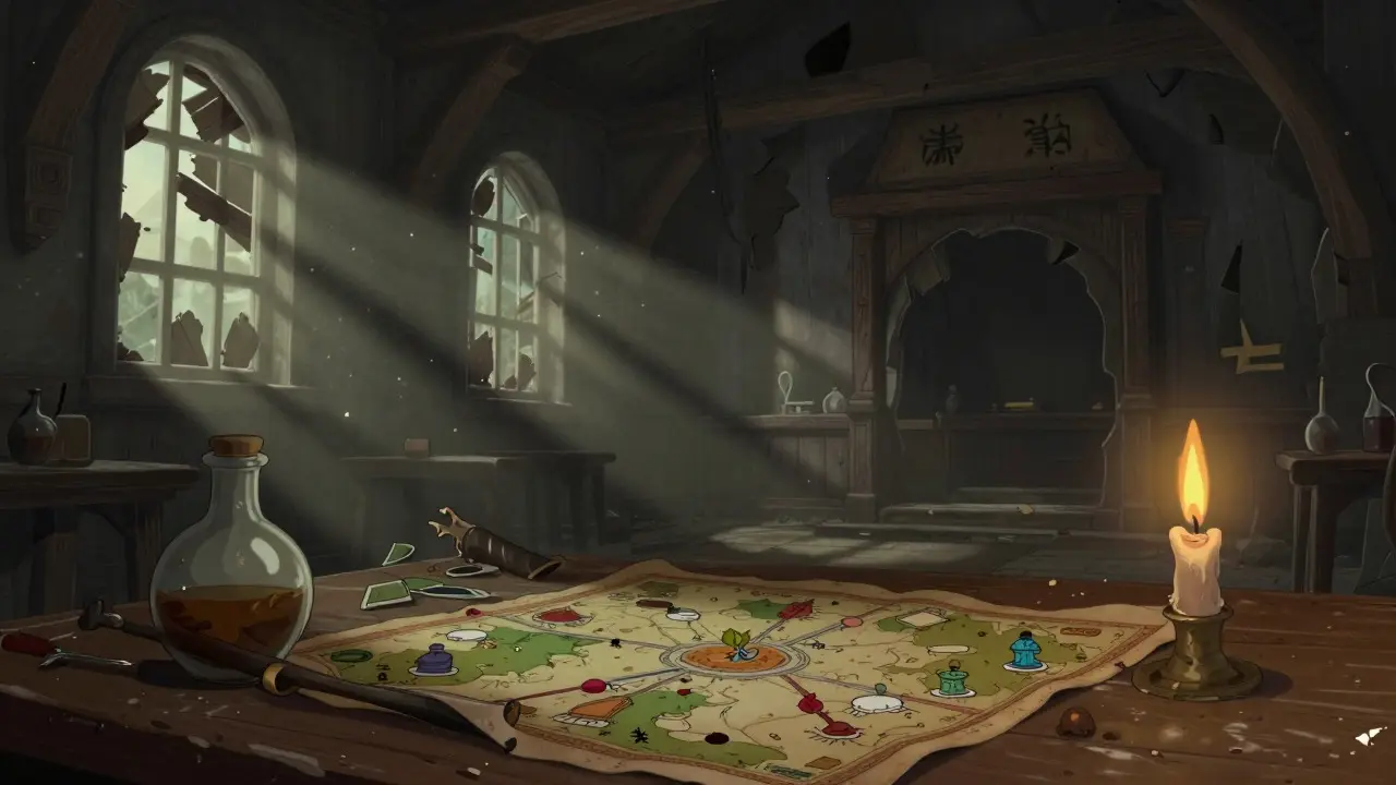Abandoned fantasy tavern with dusty game maps and broken items