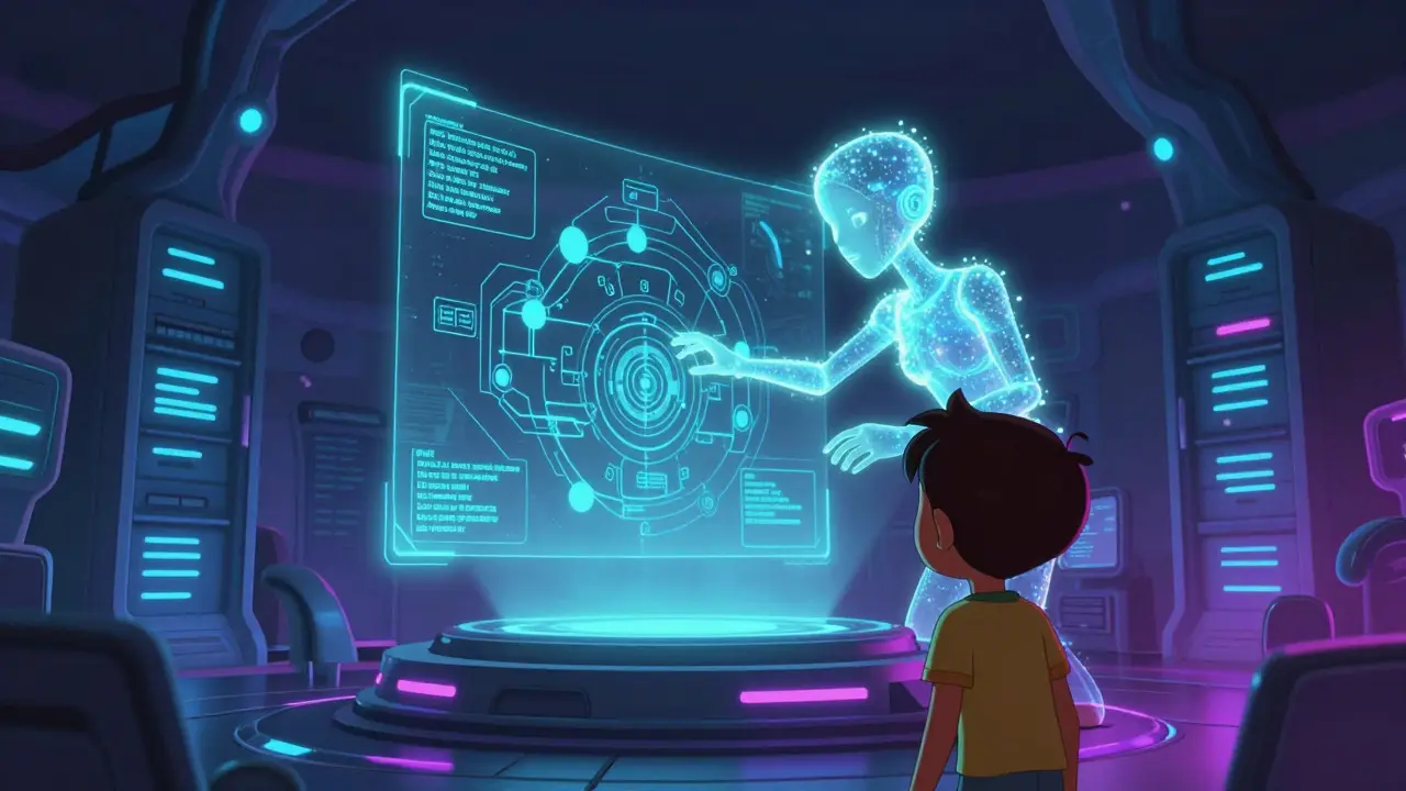 An ethereal AI figure manipulating a holographic game world inside a futuristic server room with a player watching