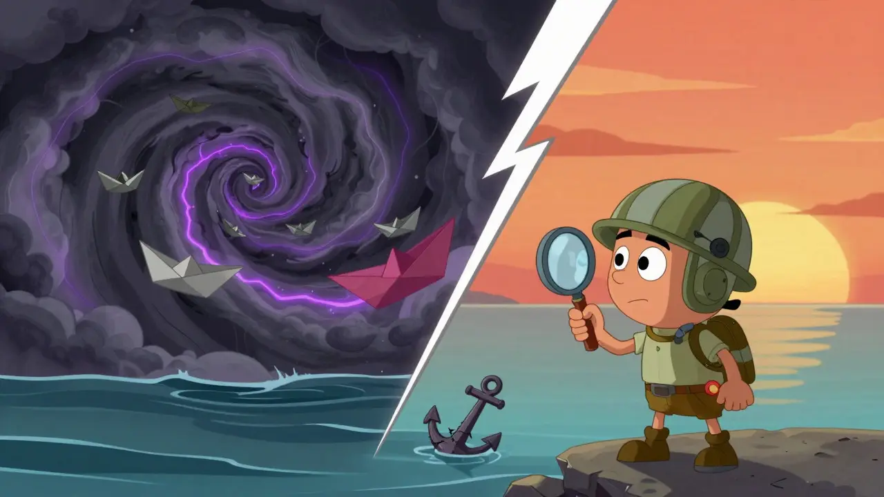 An explorer with a magnifying glass investigating a stormy sea and calm waters