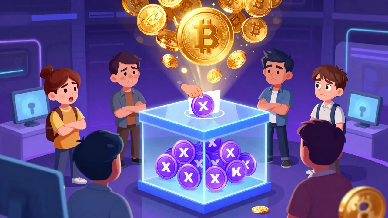 Animated character voting with purple tokens for a golden prize pool in a tech hall