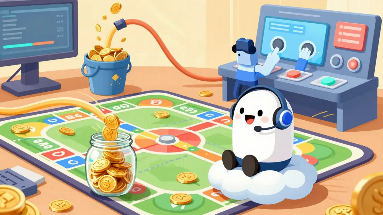 Animated scene showing a relaxed character receiving steady coins while another actively manages a complex control panel