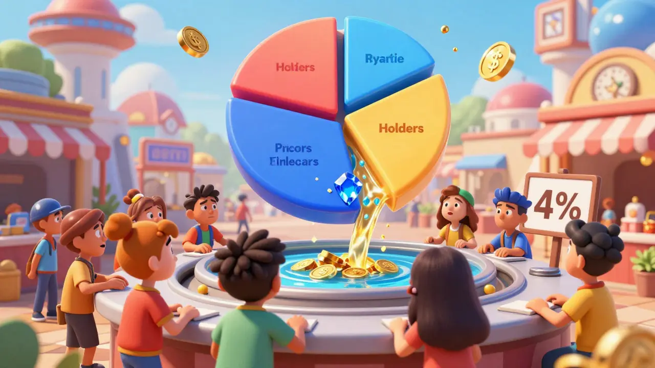 Animated scene showing token tax split and liquidity pool