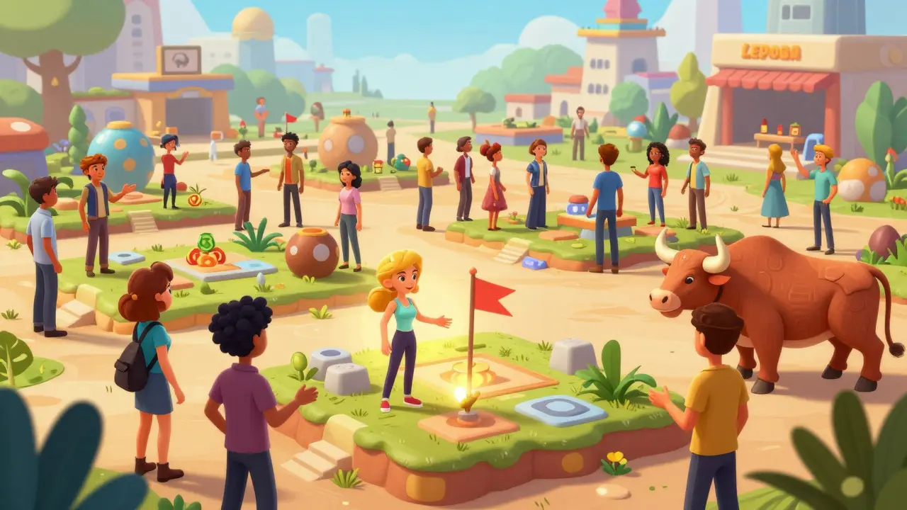 Avatars claiming virtual land in a lively, colorful metaverse marketplace