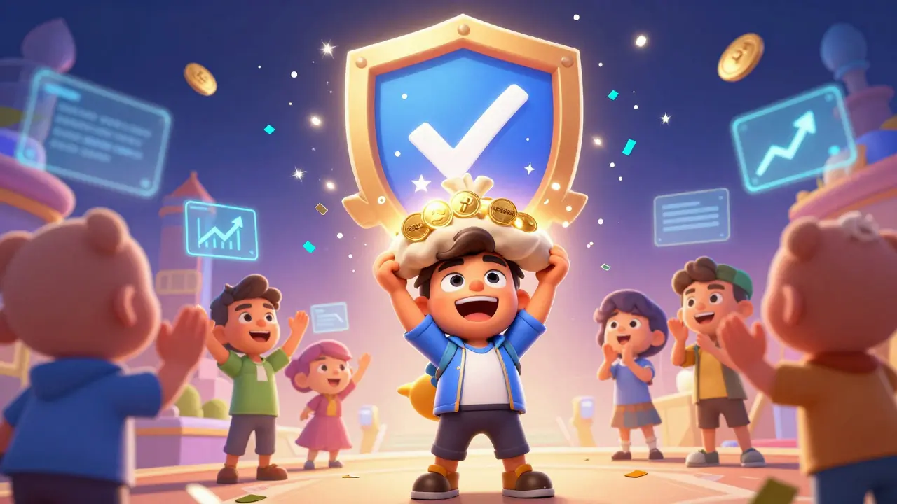 Cartoon scene of a character celebrating with a pouch of claimed tokens