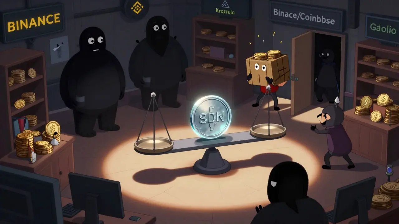 Cartoon trading scene with a small coin on a scale and characters struggling through narrow doors.