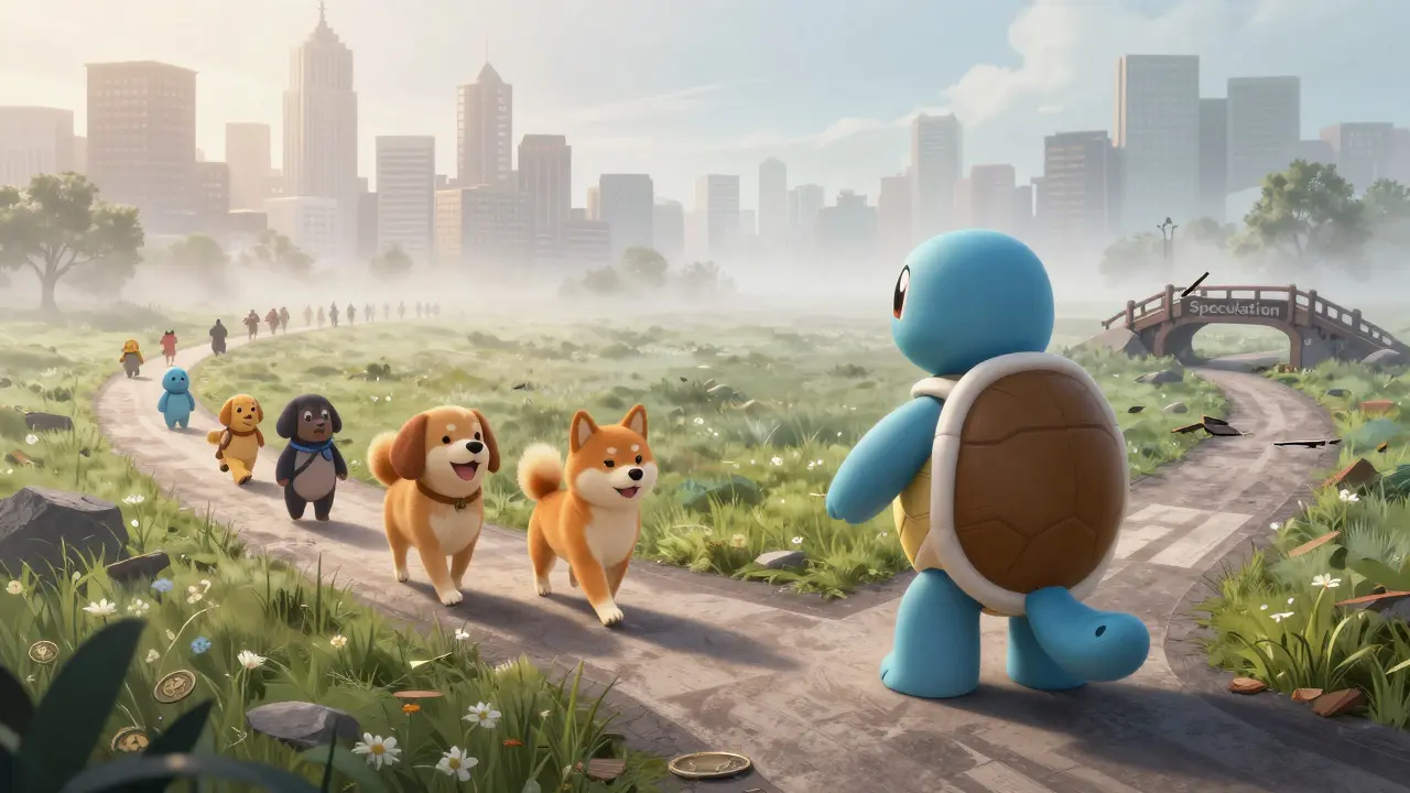 Cartoon turtle choosing between a safe path and a risky speculation route