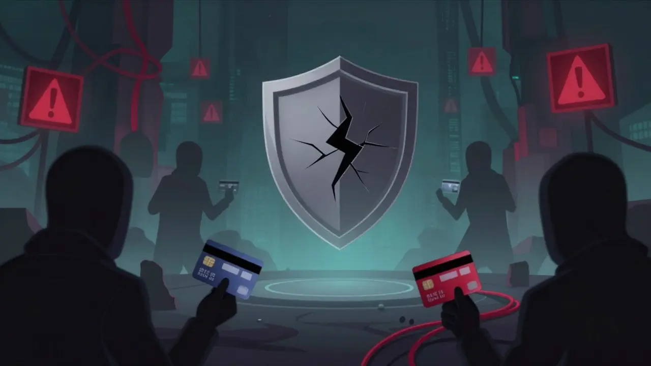Cracked shield icon surrounded by shadowy fraudsters and warnings