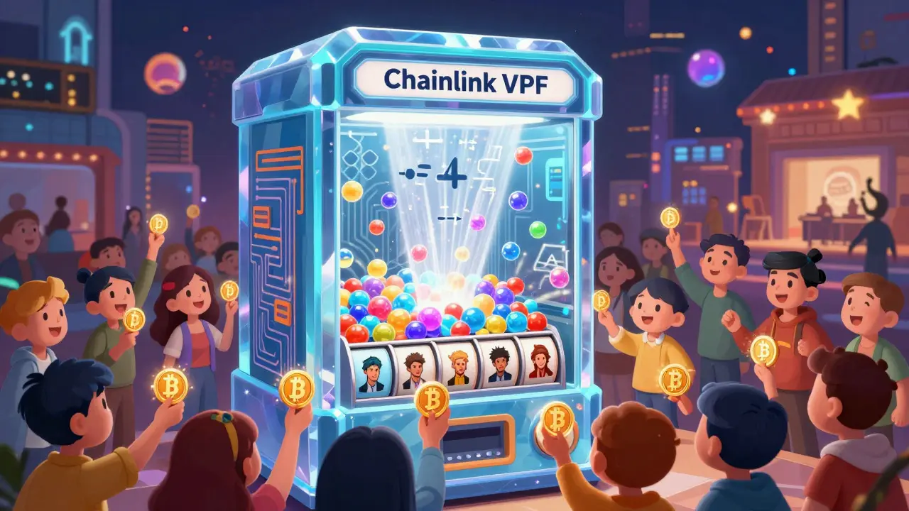 Crystal lottery machine selecting random winners from a crowd of cartoon users