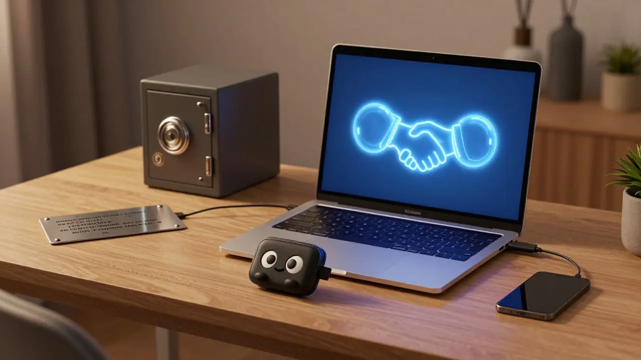 Cute hardware wallet on a desk with blurred seed phrase plate and laptop